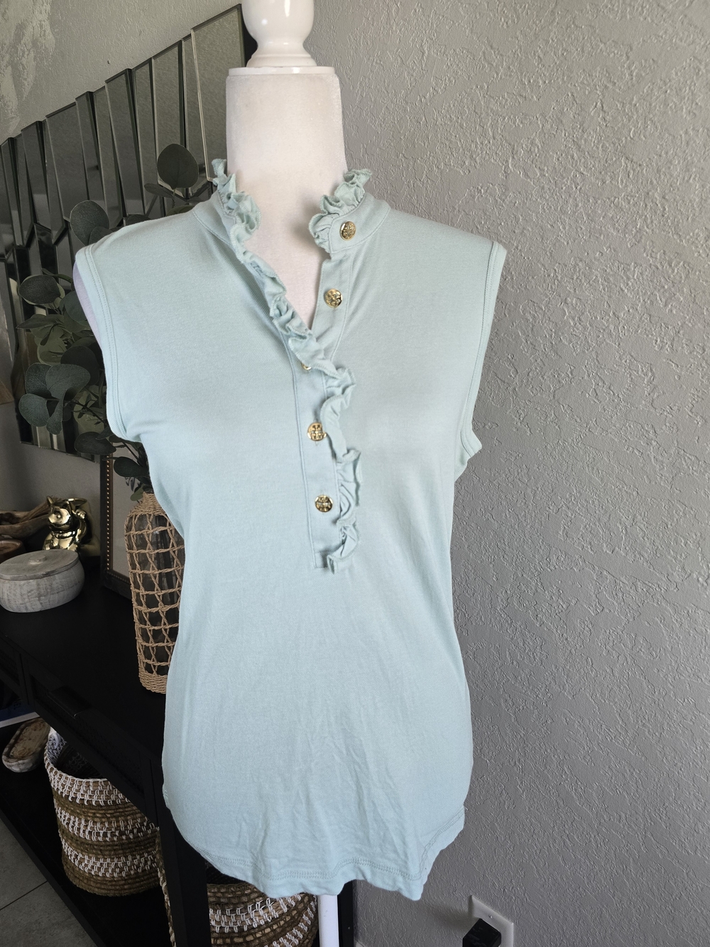 Tory Burch Women’s Lidia Ruffle Sleeveless Gold Logo Buttons Polo Tank M